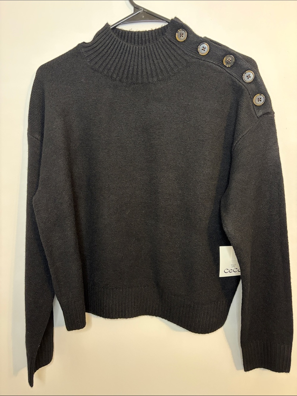 CeCe Women’s Black Ribbed Mock Neck Sweater with Shoulder Buttons